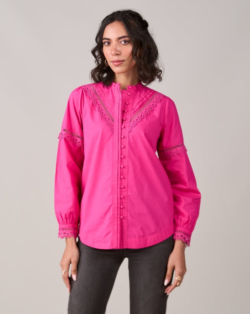 Pink Poplin Shirt Top with Lace Inserts and Mandarin Collar