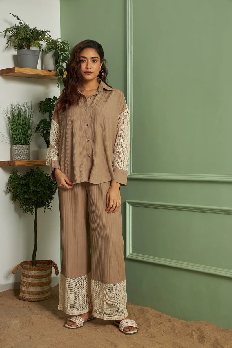 Beige Straight-Leg Trousers with Crochet Mesh Hem