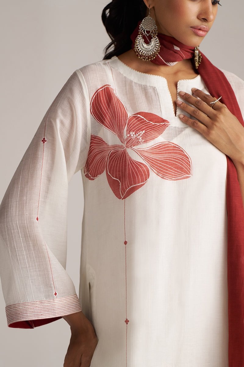Ivory and Maroon Printed Chanderi Kurta Set with Stole
