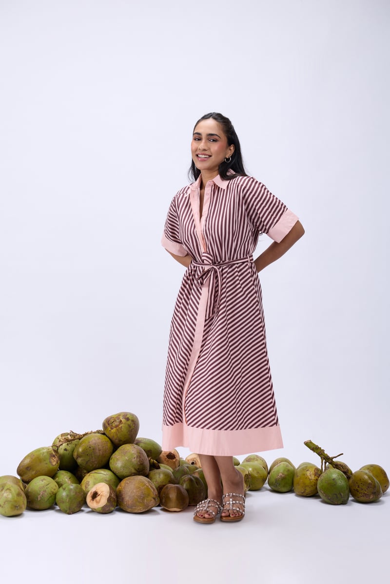 Pink Striped Midi Shirt Dress with Contrast Placket