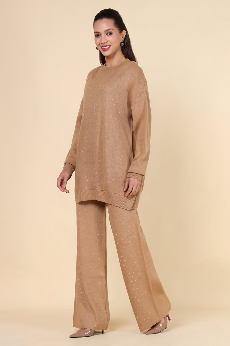 Brown Studded Knit Top and Wide-Leg Pants Co-ord Set