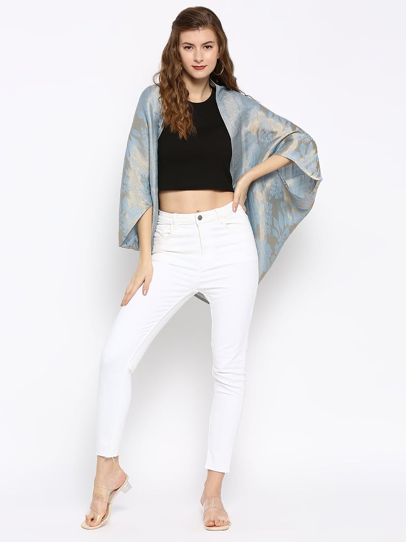 Ice Blue Metallic Brocade Cape Shrug