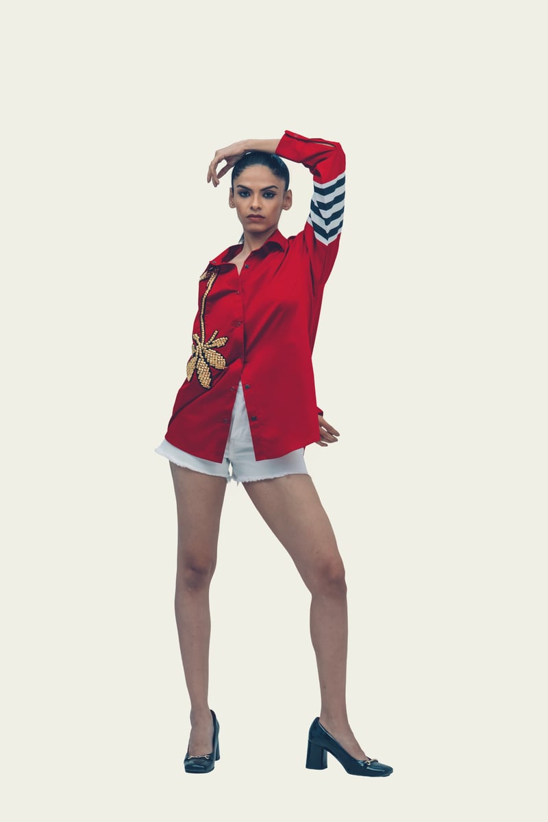 Red Cotton Shirt with Embroidery