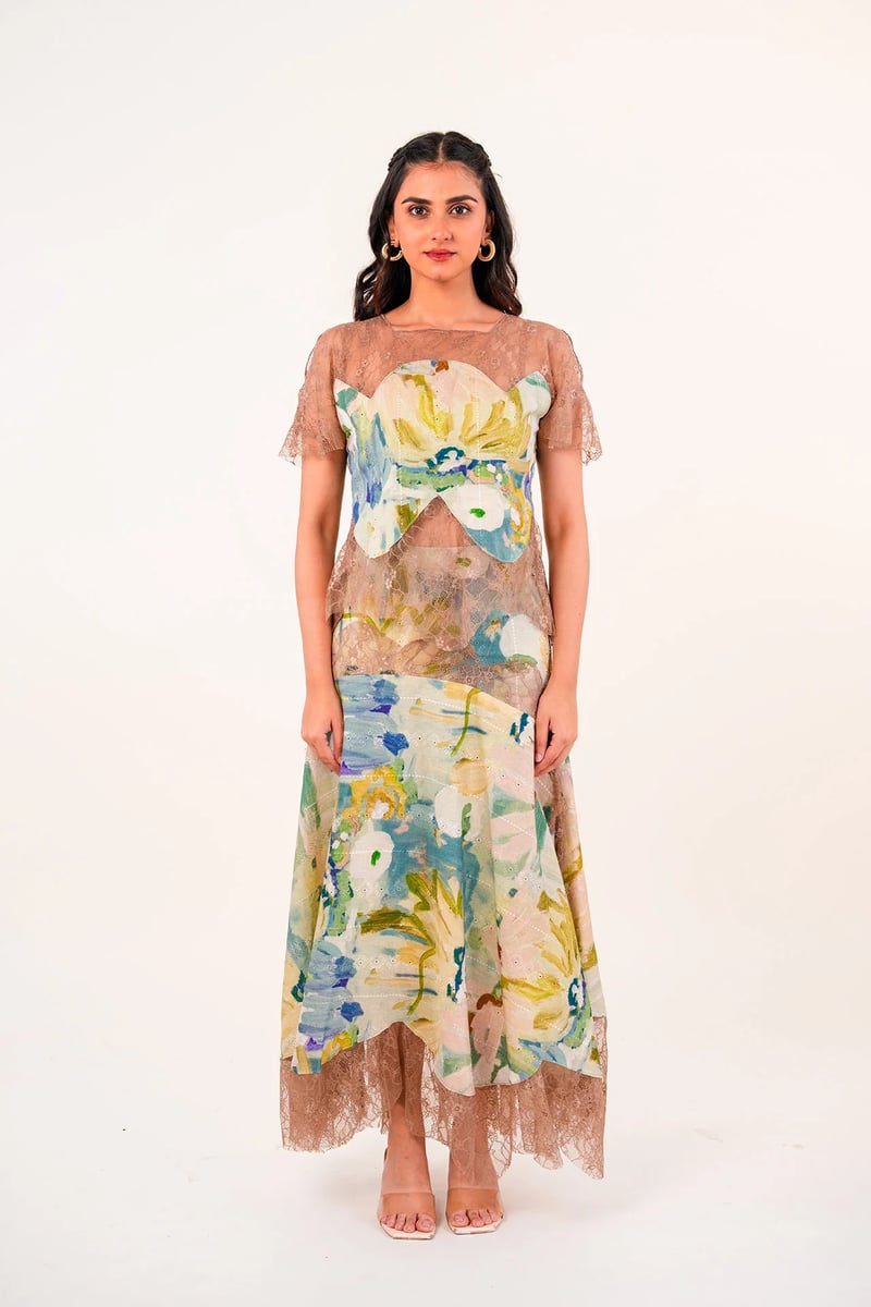 Ivory Floral Lace Overlay Top and Midi Skirt Co-ord Set