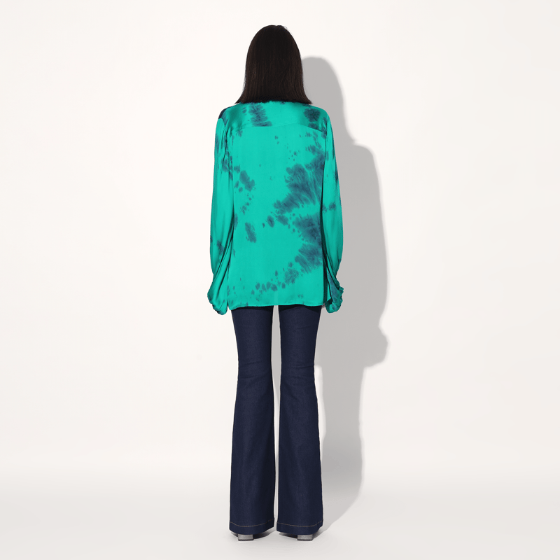 Green Tie-Dye Satin Balloon Sleeve Longline Shirt