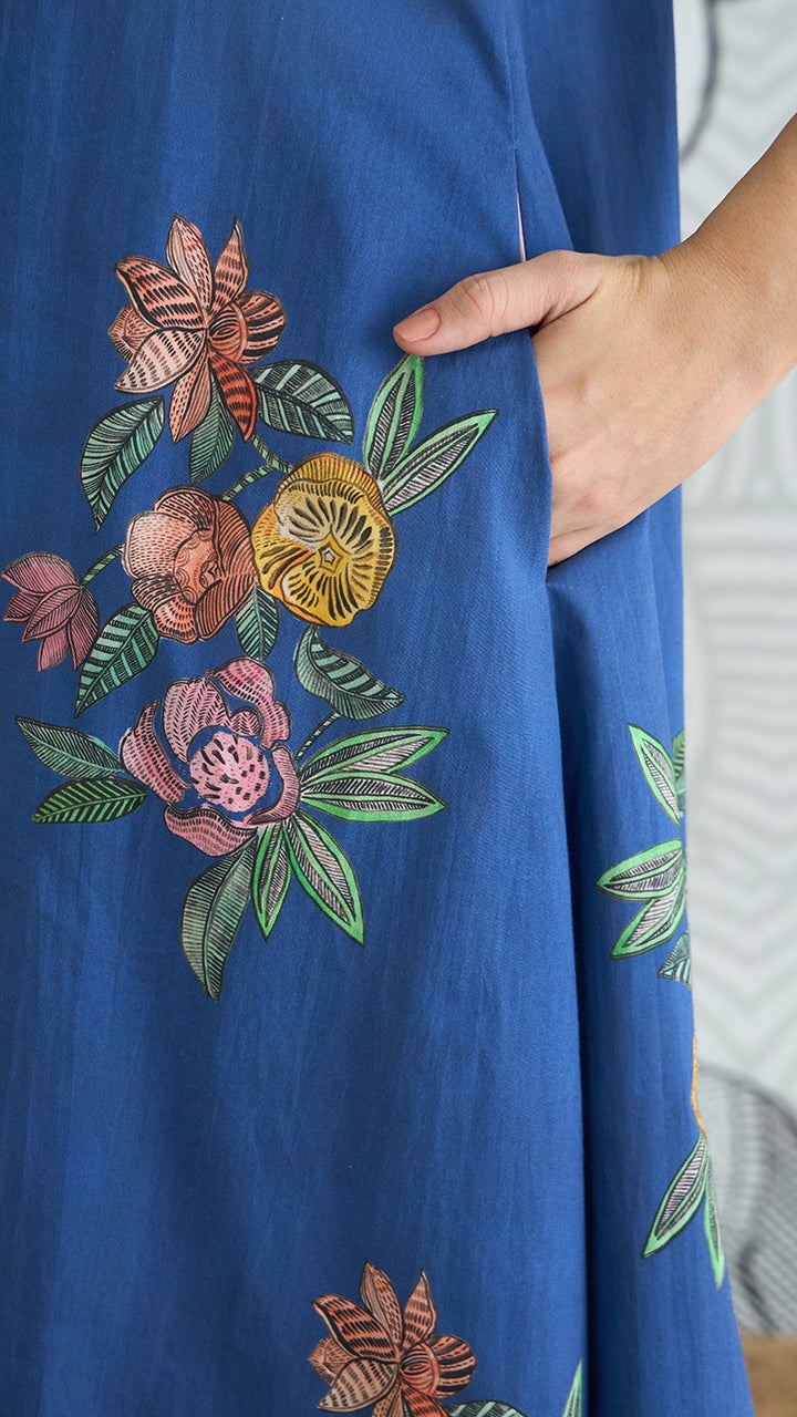 Blue Cotton Floral V-Neck A-Line Midi Dress