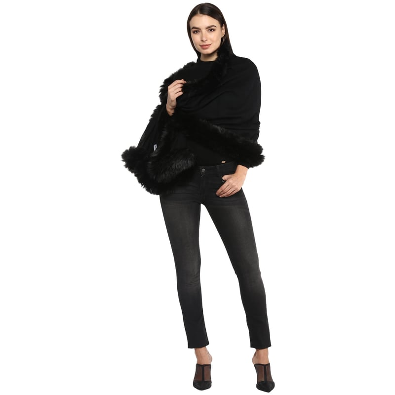 Black Wool Stole with Faux-Fur Trim