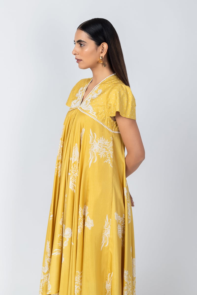 Yellow Floral Printed Asymmetrical Kurta Set with Straight Pants