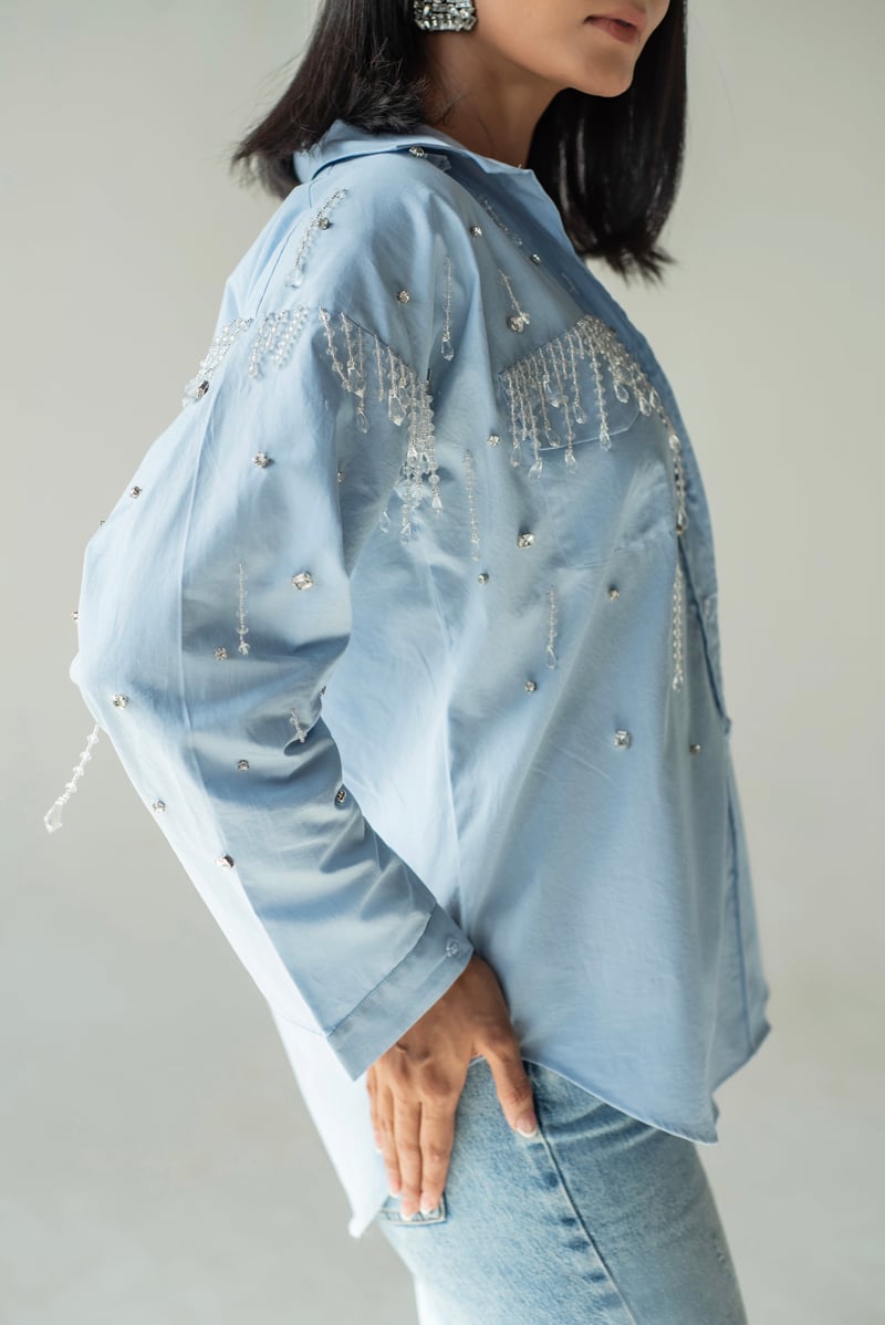 Blue Cotton Oversized Crystal-Embellished Shirt