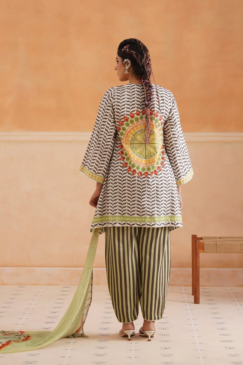 Green Chevron Print Kurta Set with Dupatta
