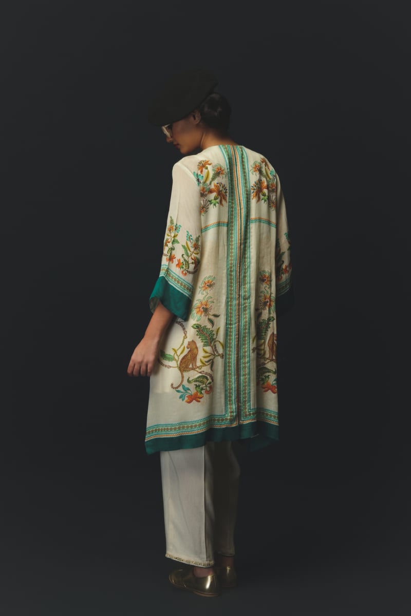 Beige Printed Kurta-Style Co-ord Set with Wide-Leg Pants