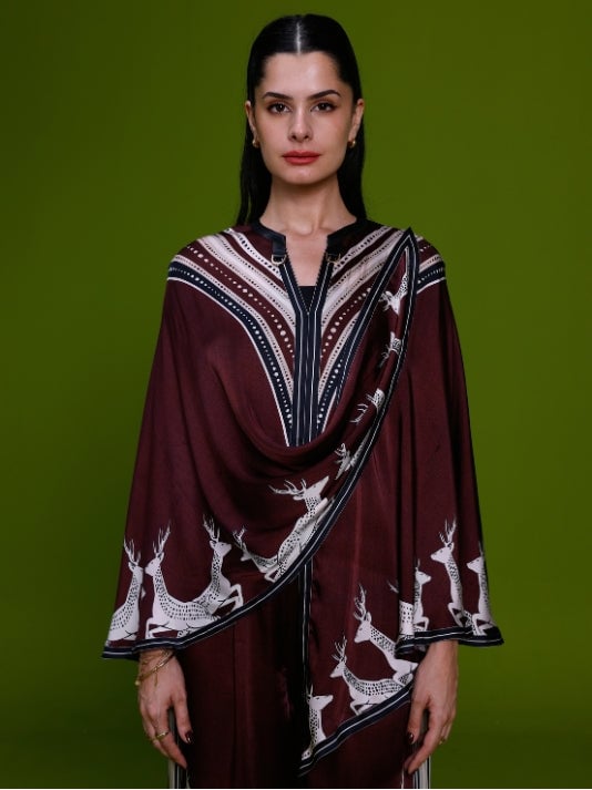 Burgundy Printed Zip-Front Cape Top Co-ord Set