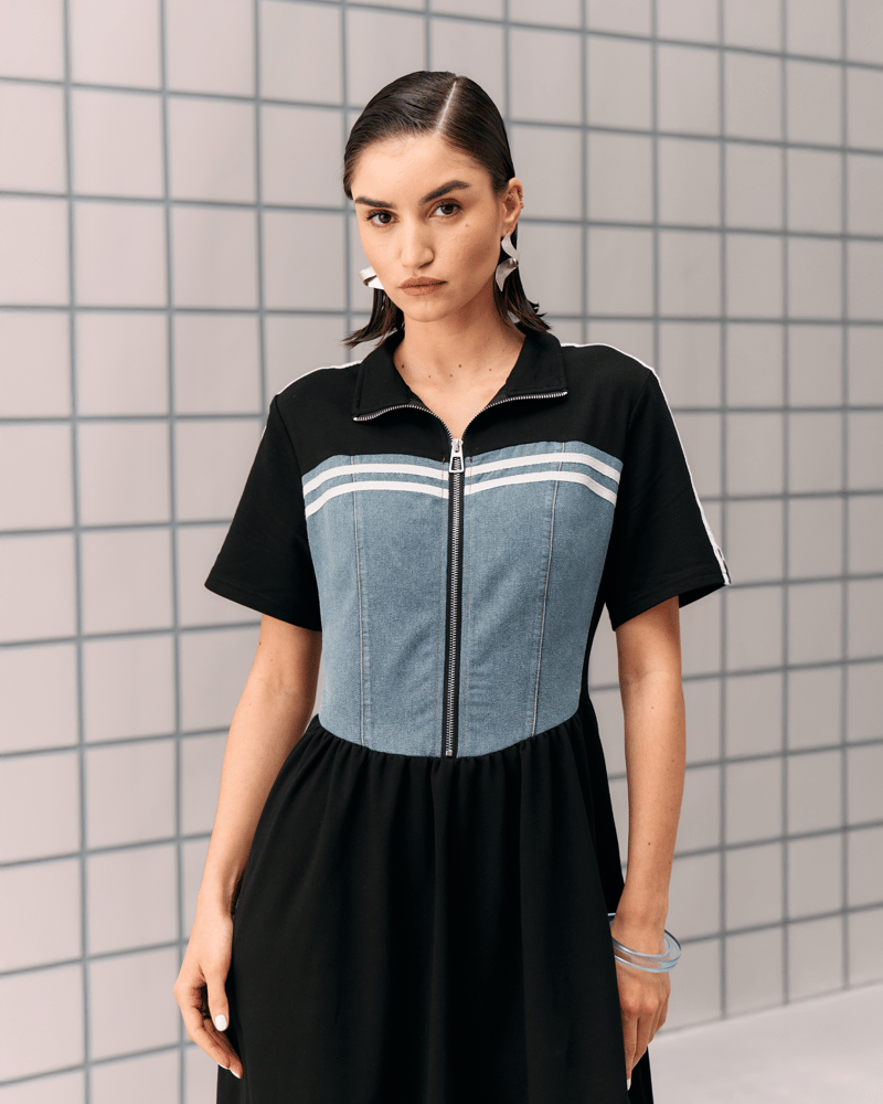 Black Colorblock Zip-Front Collared Midi Dress