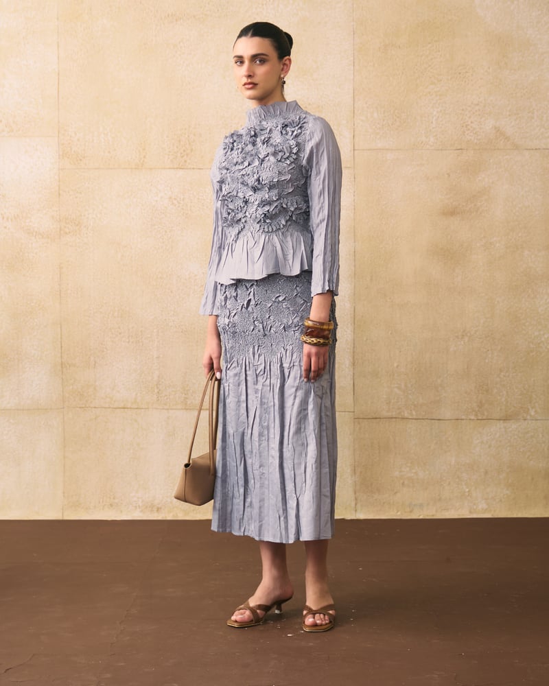 Grey Textured Peplum Top and Midi Skirt Co-ord Set