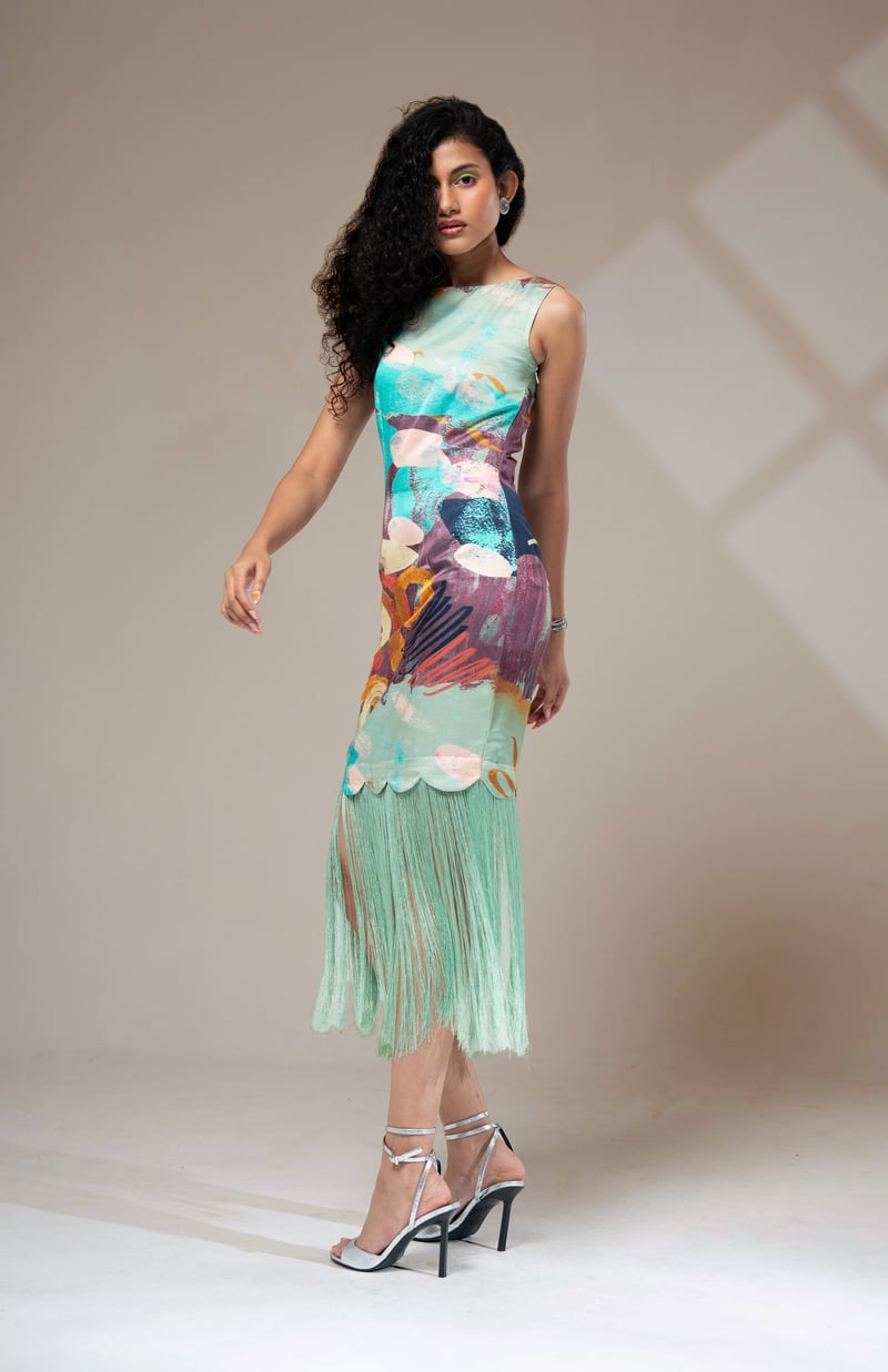 Multicolor Abstract Print Fringe Hem Satin Midi Dress