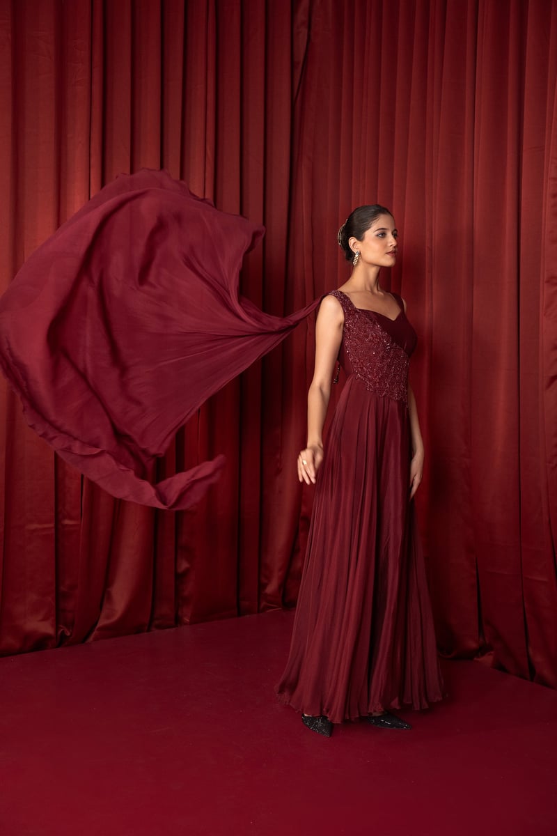 Maroon Chiffon Maxi Gown with Sweetheart Neckline
