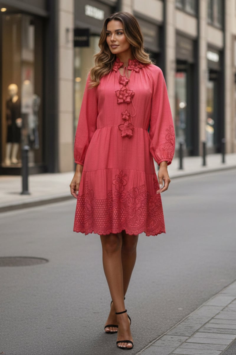Pink Tiered Knee-Length Dress with Tie-Up Neck