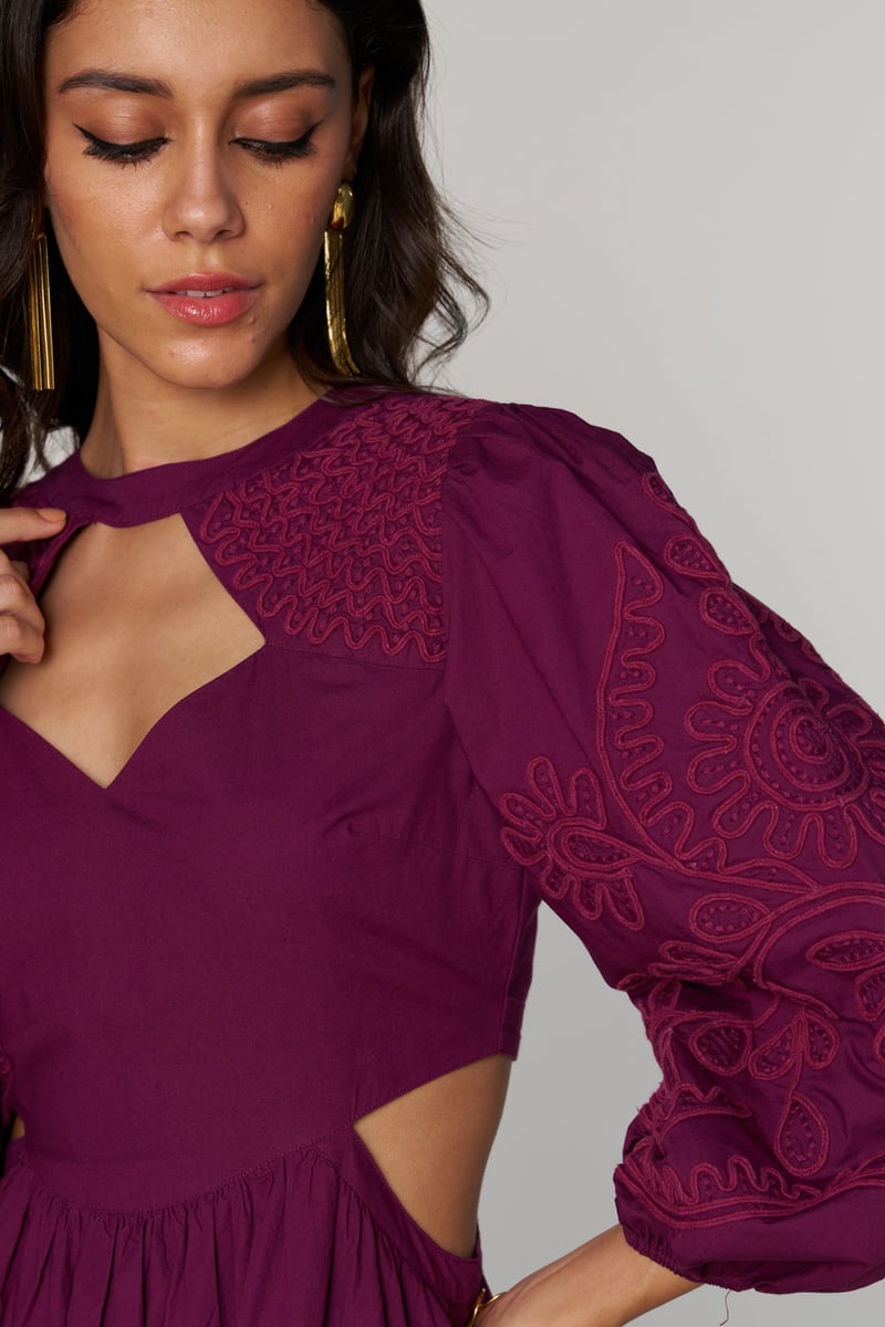 Purple Embroidered Keyhole Neck Tiered Mini Dress