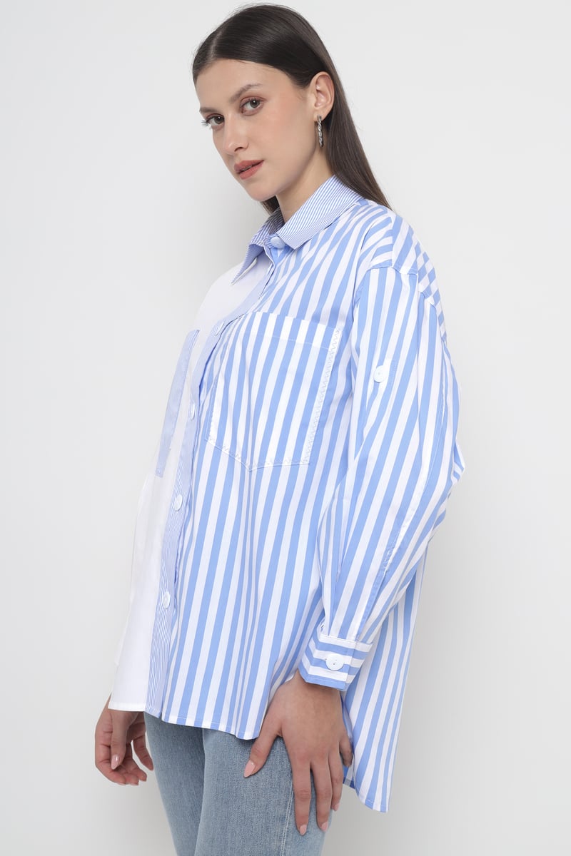 White and Light Blue Colorblocked Striped Button-Up Shirt