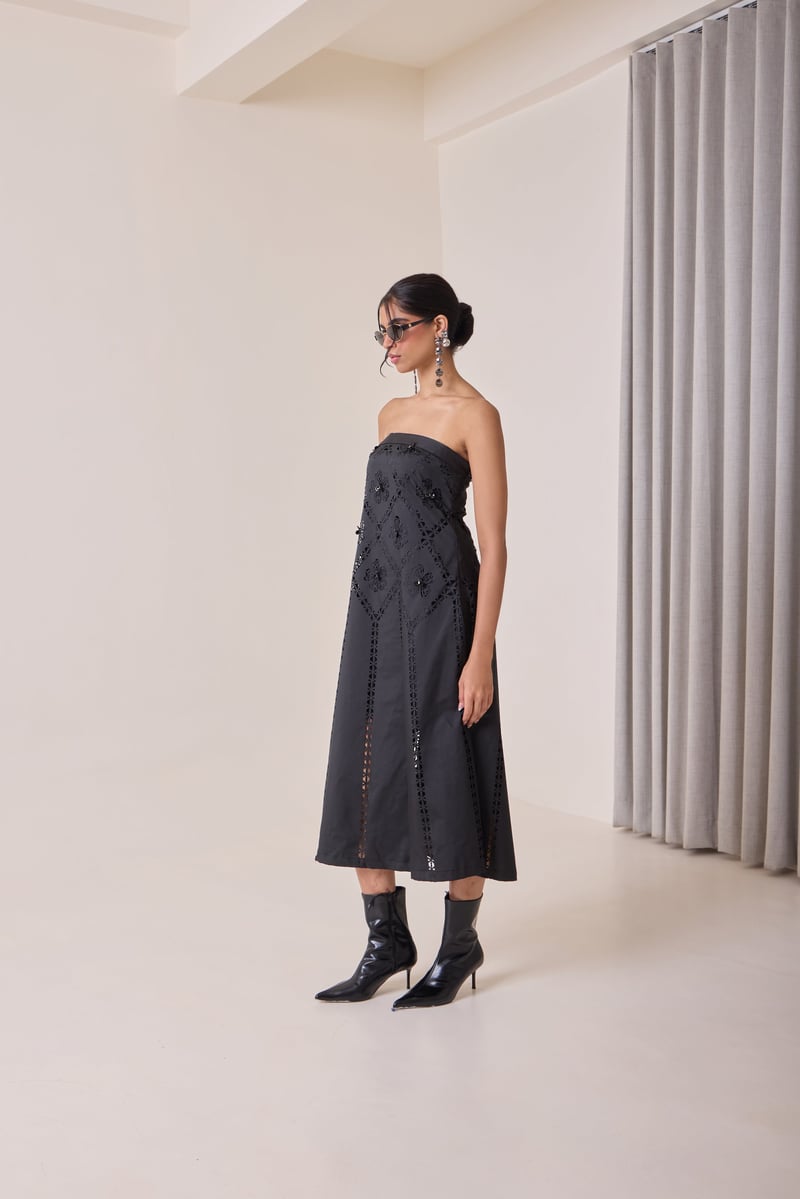 Black Strapless Cutwork Midi Dress