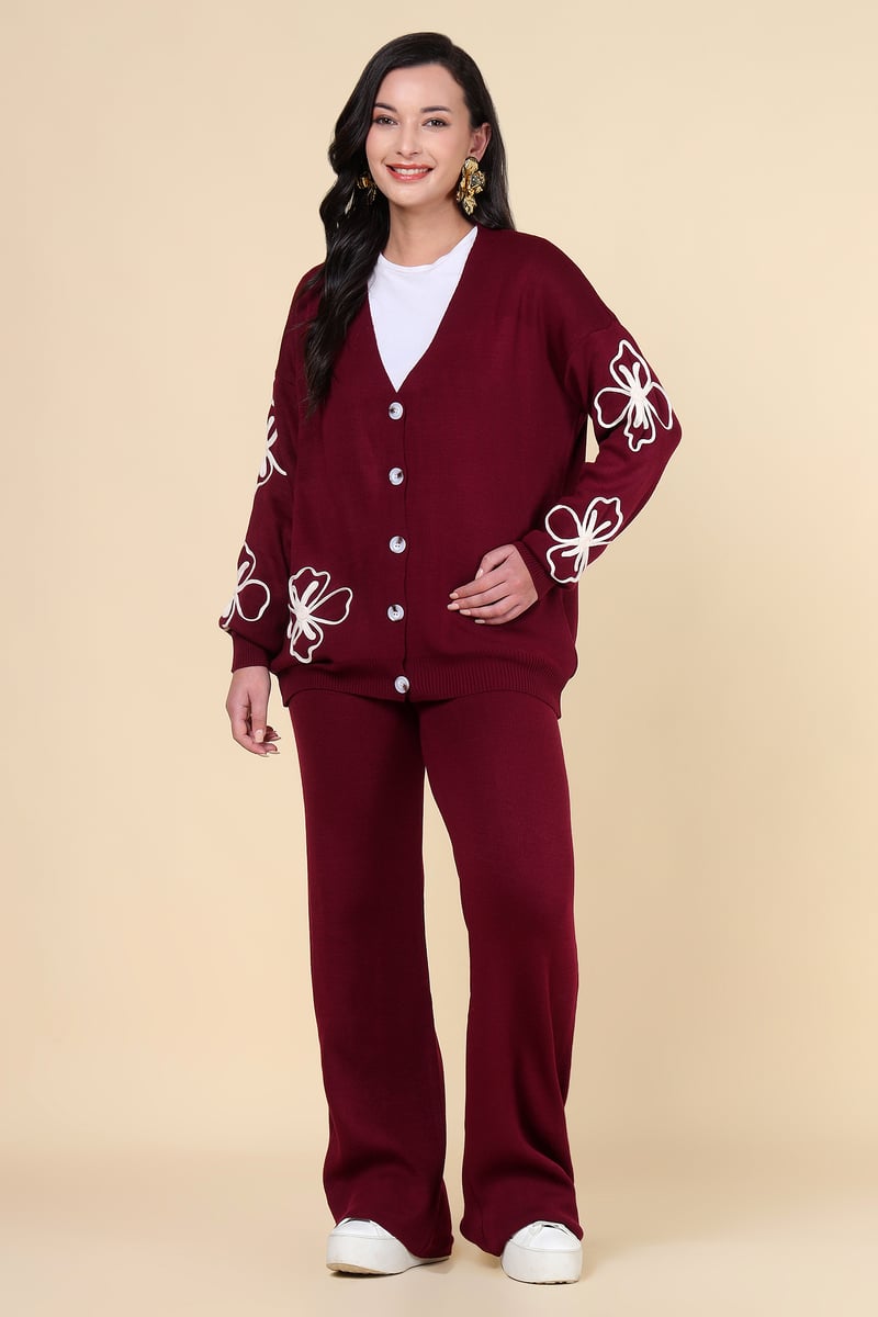 Burgundy Knit Cardigan and Wide-Leg Pants Co-ord Set