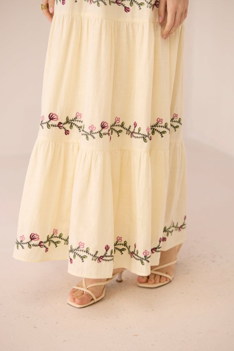 Cream Cotton Tiered Embroidered Maxi Skirt