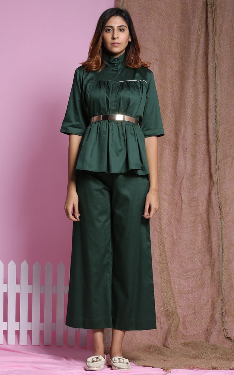 Maroon Cotton Satin Tiered Top and Wide-Leg Co-ord Set