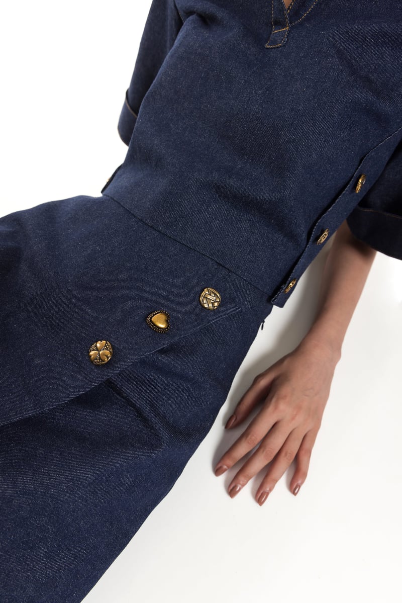 Denim Blue Cropped Boxy Collared Top with Side Buttons