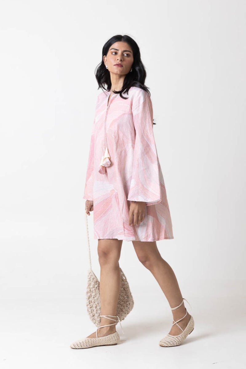 Pink/White Abstract Dot Print A-Line Mini Dress
