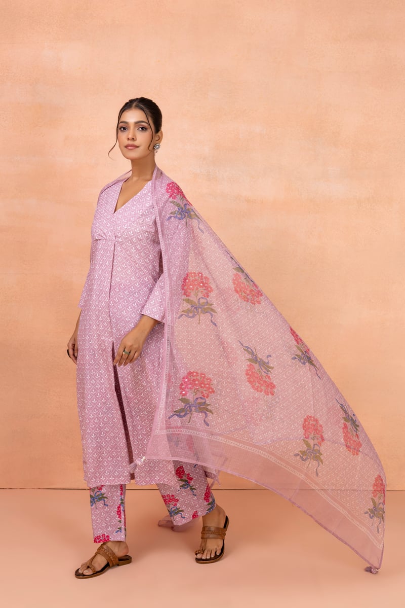 Pink Printed A-Line Cotton Kurta Set with Dupatta