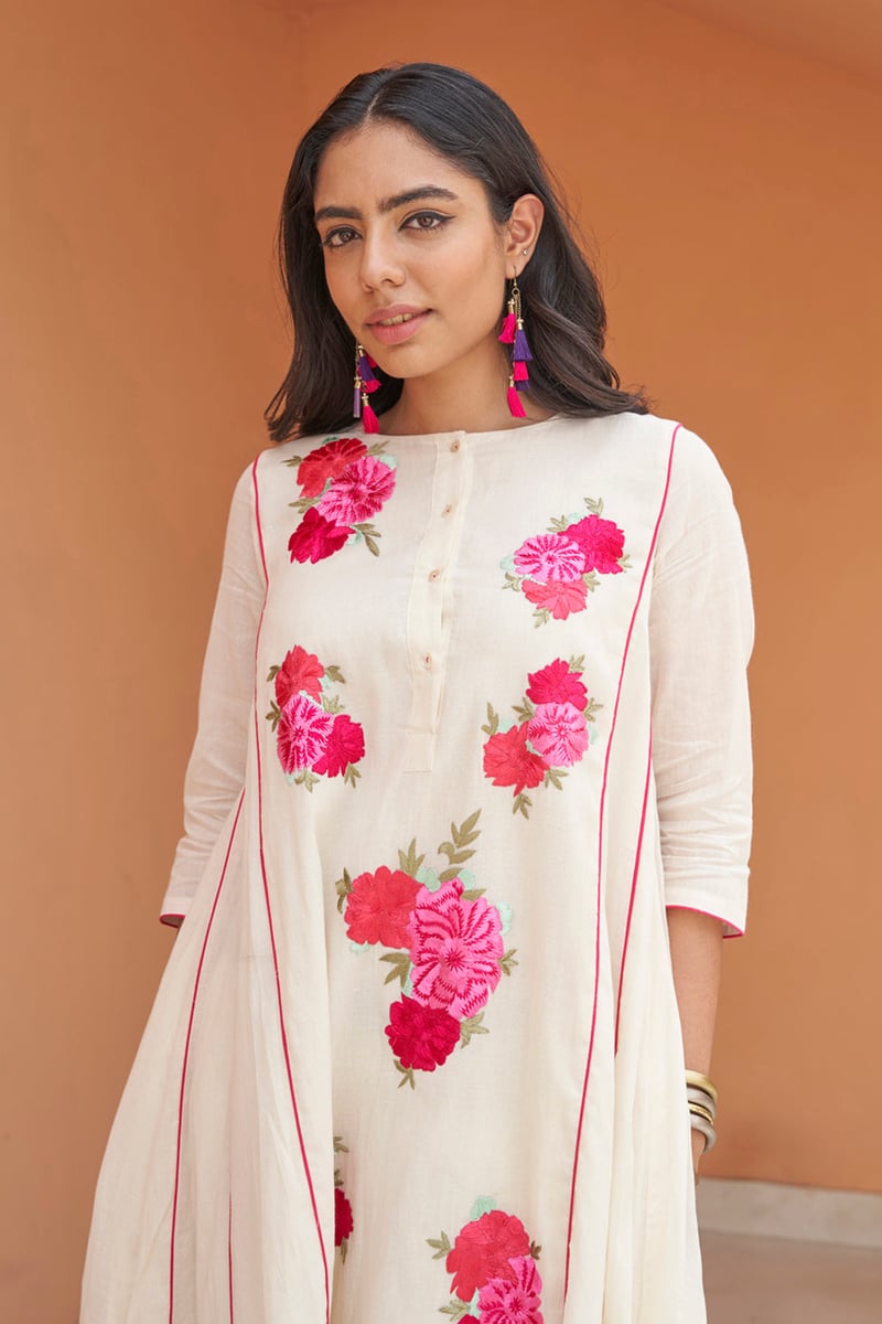 Ivory A-Line Embroidered Kurta Set with Dupatta