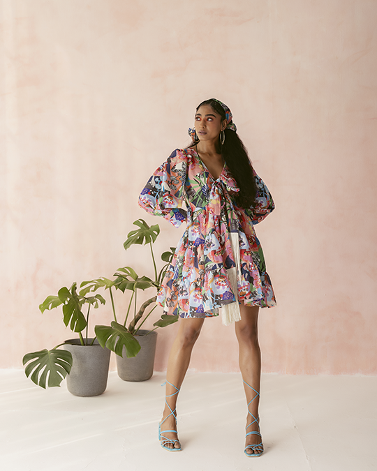 Blue Multicolor Printed Tiered Mini Dress with Front Tie — MAI TAI