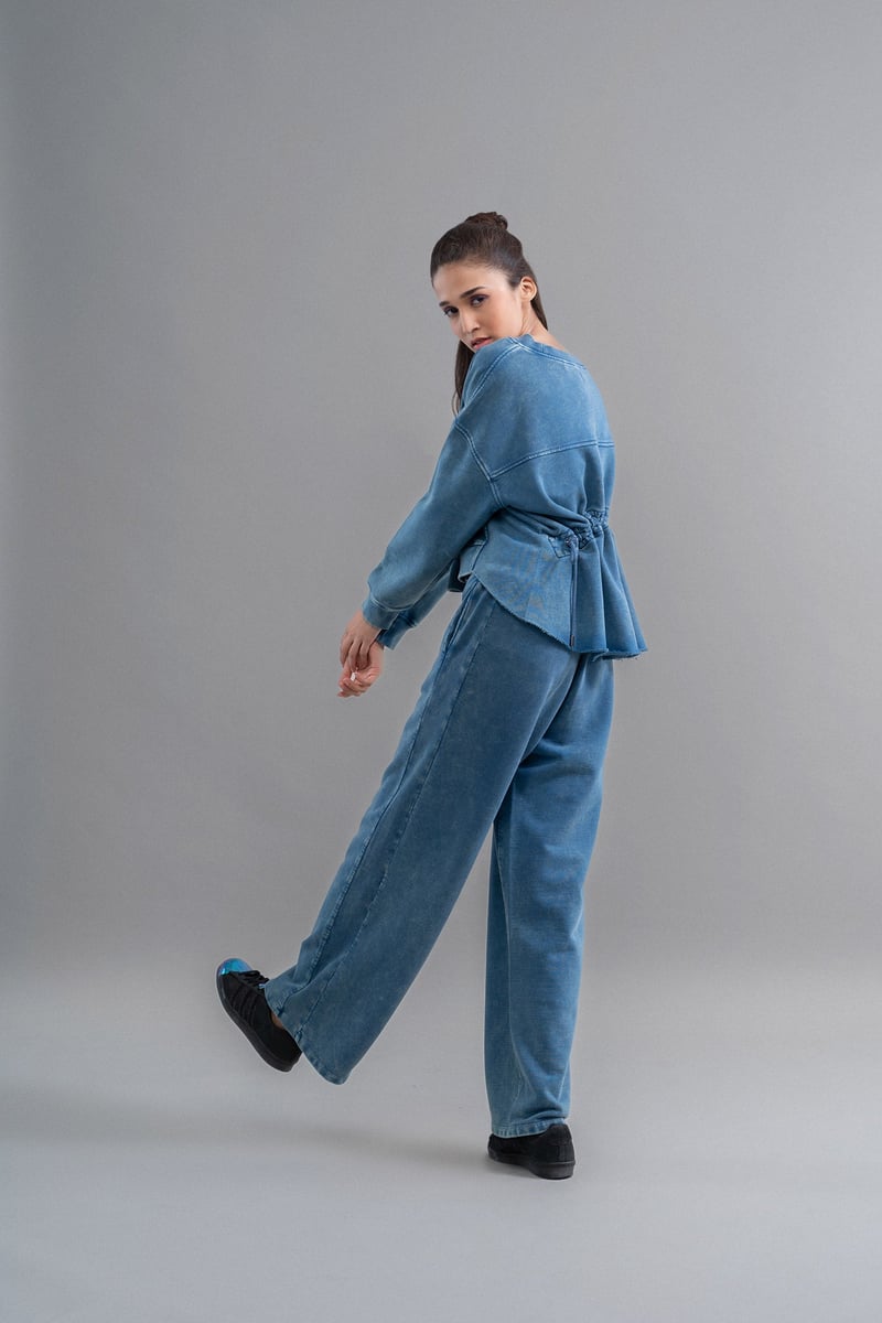 Blue Denim-Wash Ruched Back Cotton Terry Sweatshirt