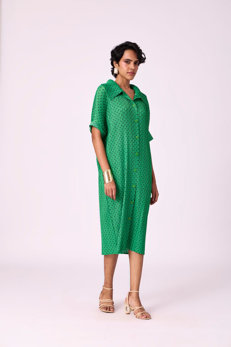 Green Pleated Printed Midi Shirt Dress