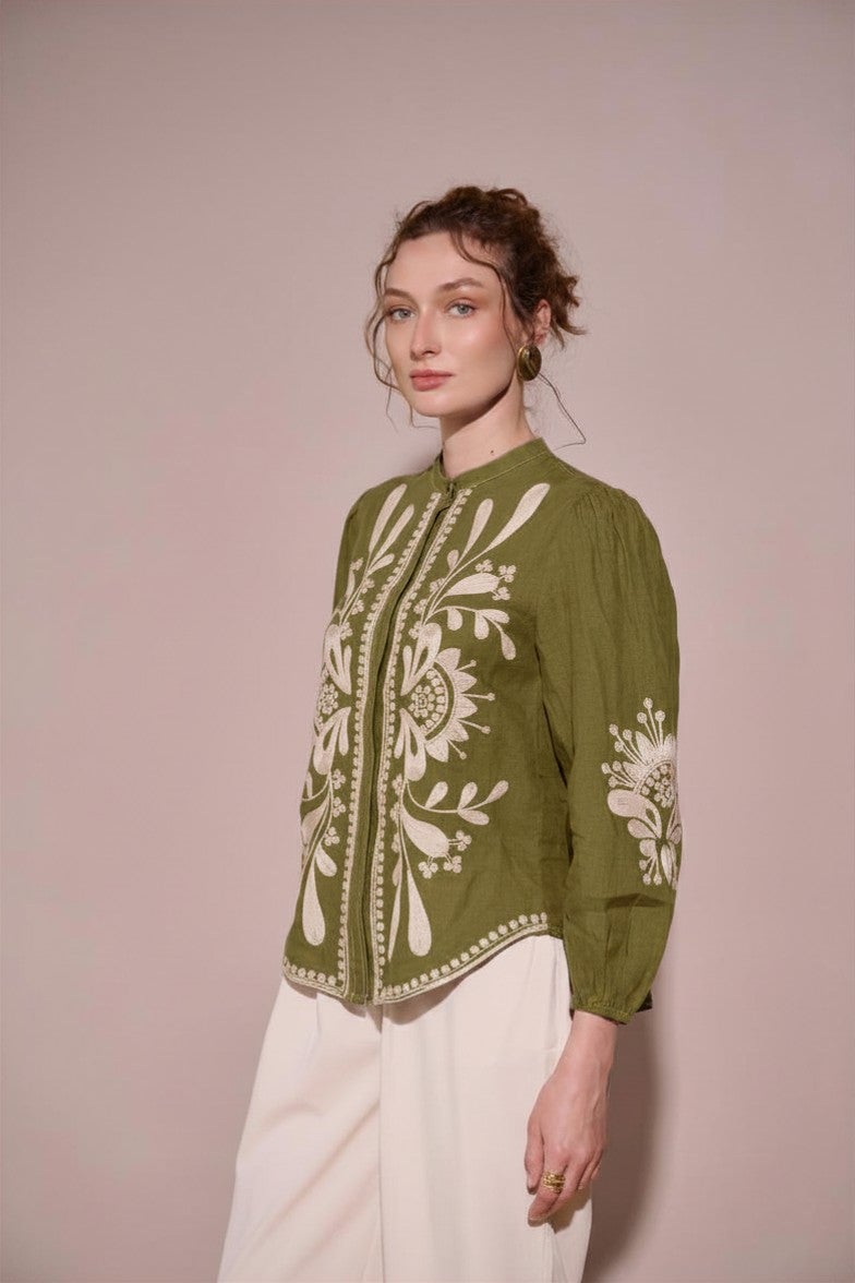 Green Linen Embroidered Mandarin Collar Blouse