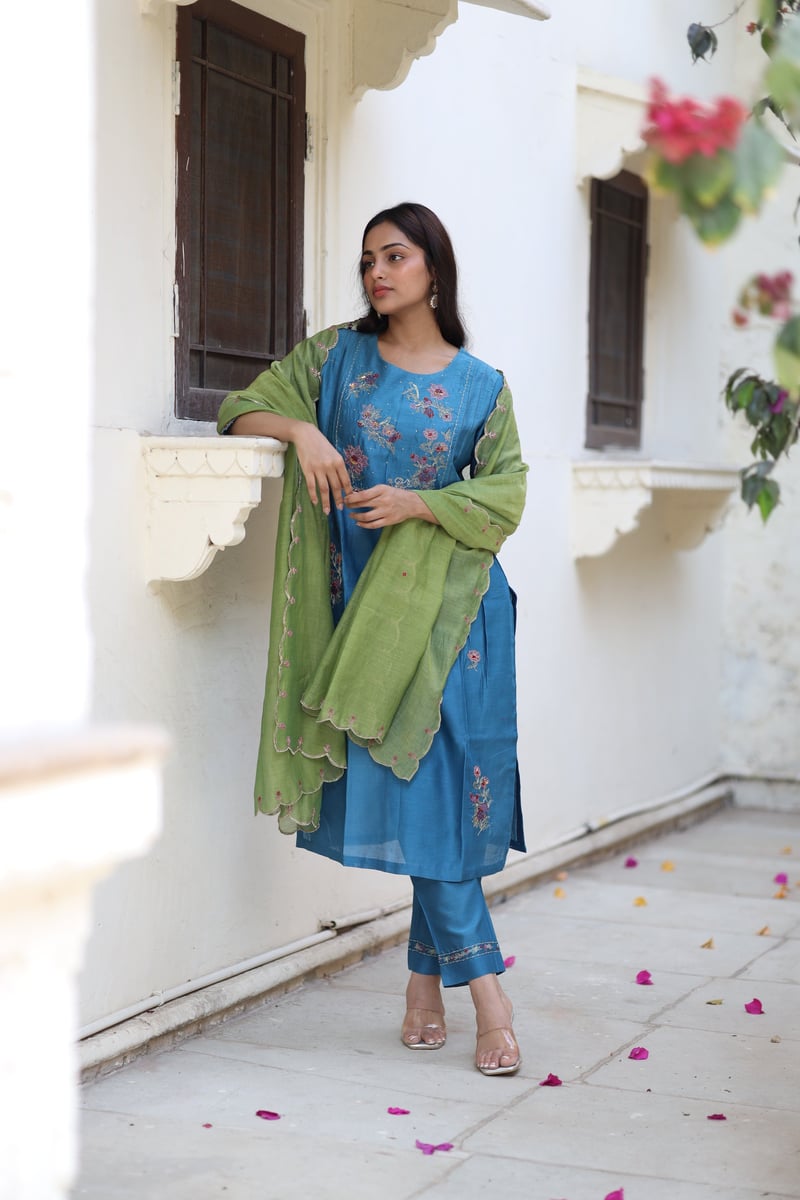 Prussian Blue Chanderi Embroidered Kurta Set with Dupatta