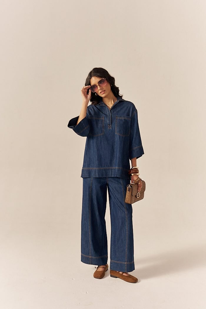 Blue Denim Shirt and Flared Pants Co-ord Set