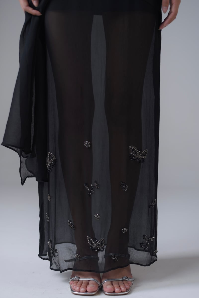 Black Silk Chiffon Embellished Maxi Skirt