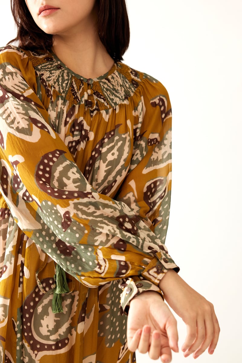 Mustard And Olive Floral Kaftan Dress
