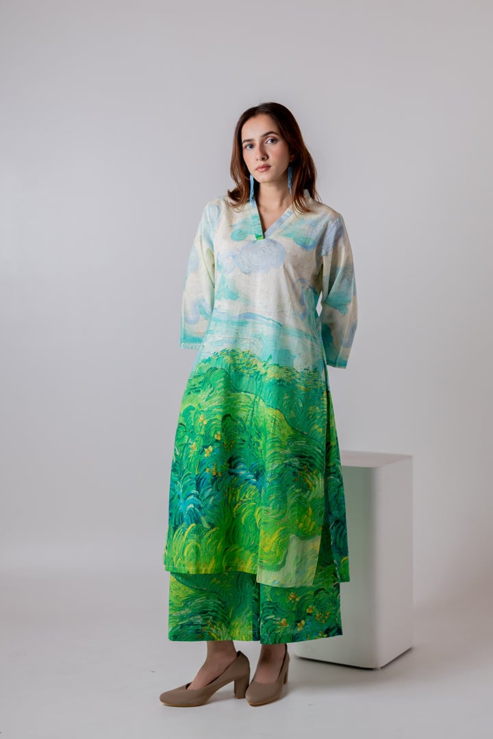Multicolor Landscape Print Cambric Cotton Kurta Set
