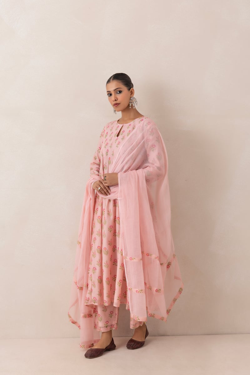 Powder Pink Floral Printed Kurta Set with Dupatta