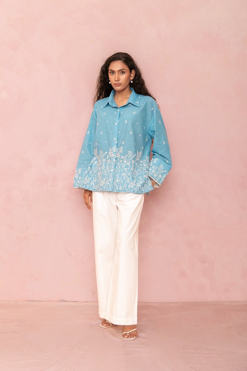 Blue Cotton Floral Print Button-Down Shirt — LABEL NAARITI