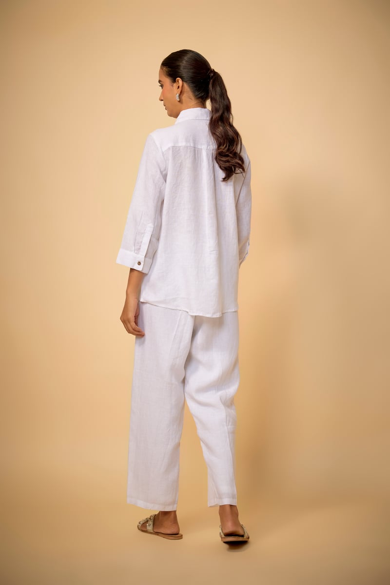 White Linen Relaxed-Fit Shirt with Chest Graphic