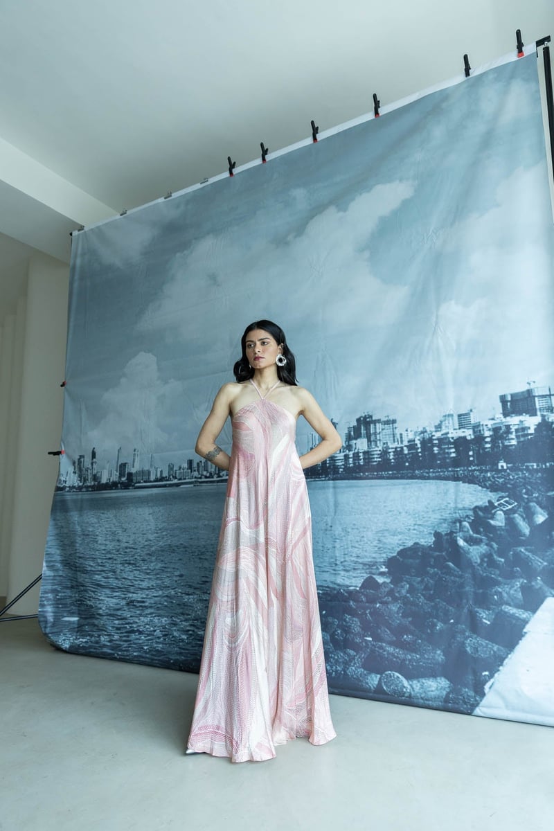 Pink Peach Abstract Printed Halter Maxi Dress