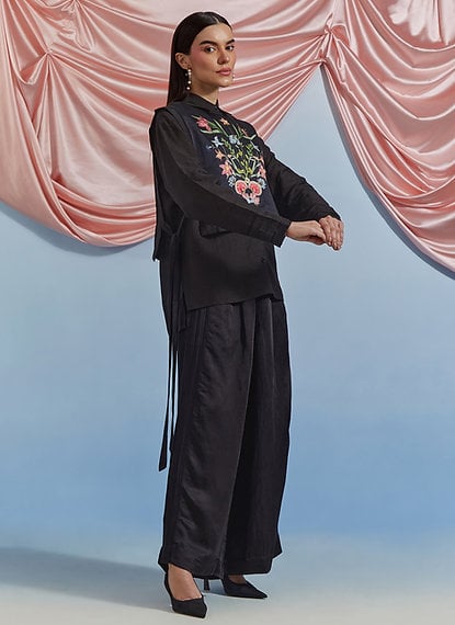 Black Embroidered Shirt and Wide-Leg Trouser Co-ord Set