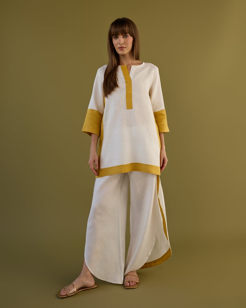 White and Ochre Linen Tunic and Tulip Pants Co-ord Set