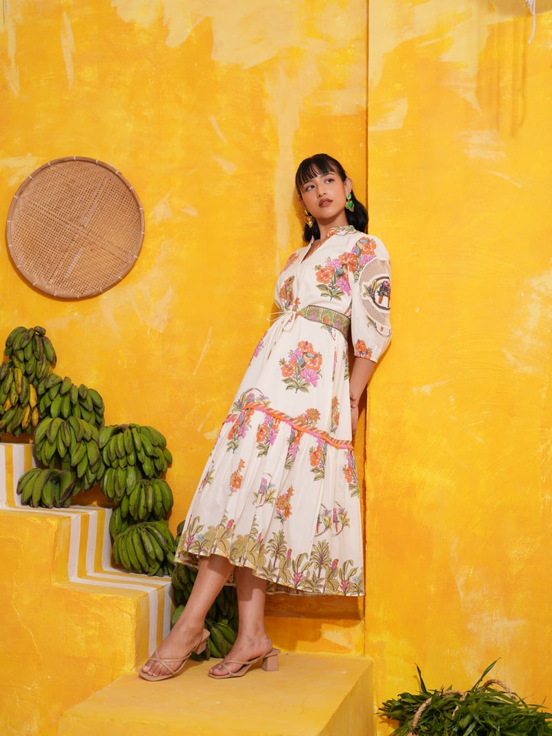 Off White Tropical Printed Button-Down Tiered Midi Dress