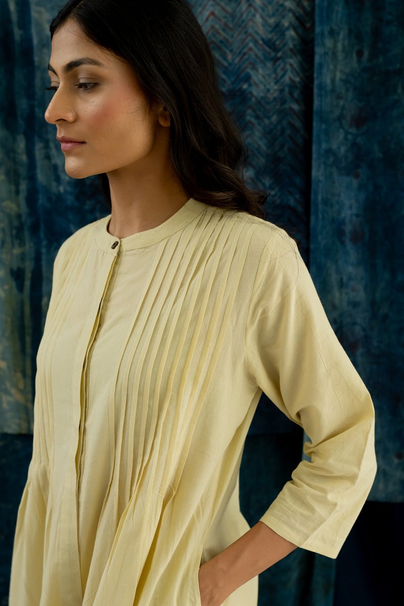 Natural White Cotton Pintuck A-Line Kurta with Pockets