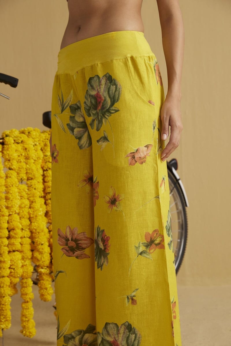 Bumblebee Yellow Linen Floral Palazzo Pants