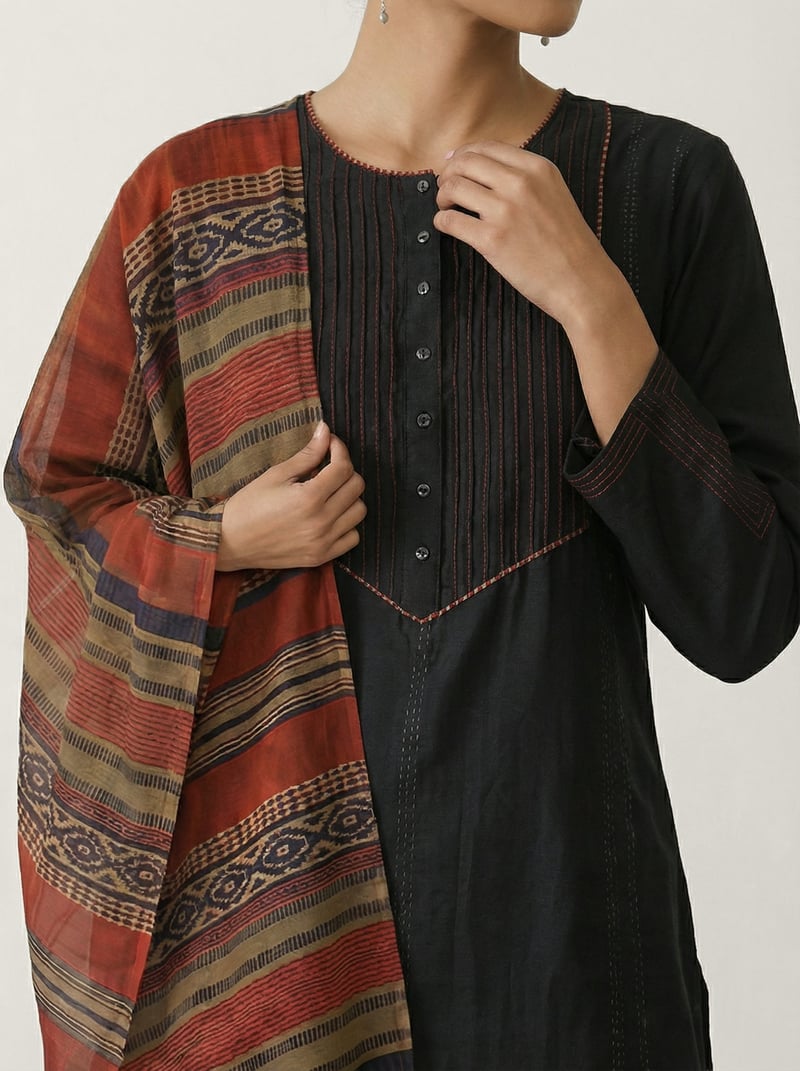 Black Straight Kurta Set with Pintuck Panel and Dupatta